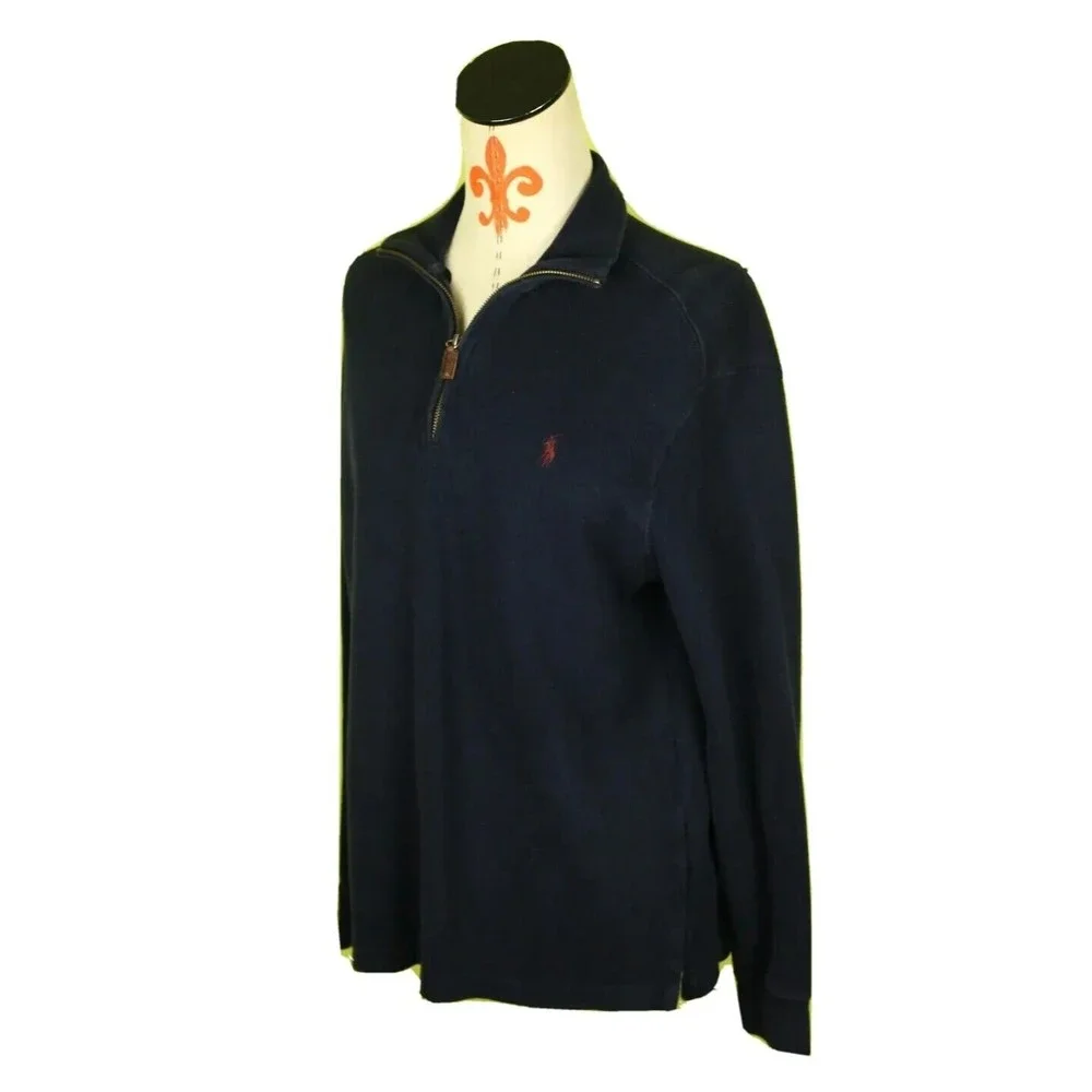 Polo Ralph Lauren Men’s Sz M 1/4 Zip Sweater Navy Blue Cotton Red Pony Logo